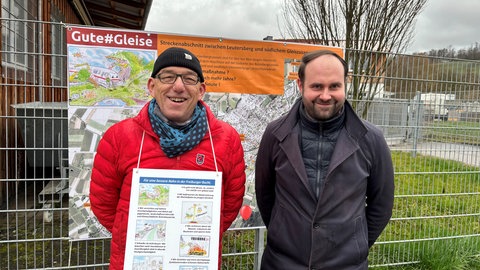Reipöler und Kiss vor einem Plakat des Vereins "Gute Gleise"