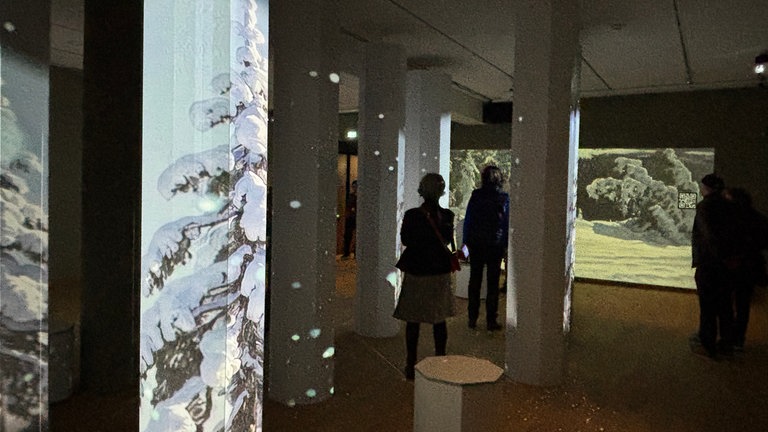 Dunkler Raum, in dem eine Schneelandschaft im Schwarzwald an Wand und Säulen projeziert ist. Mehrere Besuchende halten sich hier in den neuen Ausstellungsräumen im Augsutinermuseum auf.