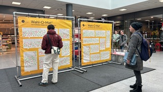 In einem Einkaufszentrum stehen zwei 2x2 Meter große Stellwände. Daruaf abgedruckt sind politische Thesen. Menschen stehen davor und können Aufkleber anbringen.