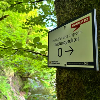 Ein Rettungssektorenschild am Schluchtensteig im Schwarzwald. Der Buchstabe soll der Bergwacht bei der Rettung von verletzten Wanderern helfen.