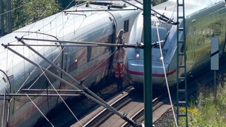 Zwei ICE der deutschen Bahn stehen in einer Kurve auf den Gleisen, über ihnen die Oberleitung. (Symbolbild)