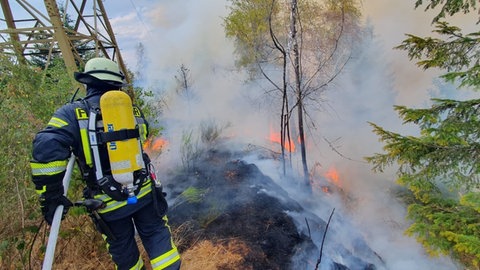 Die Feuerwehr versucht einen Waldbrand bei Schramberg im Landkreis Rottweil zu löschen.