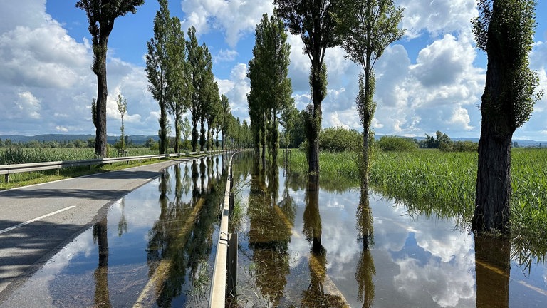 Hochwasser am Bodensee - der Damm in Radolfzell-Moos ist zur Hälfte überspült.