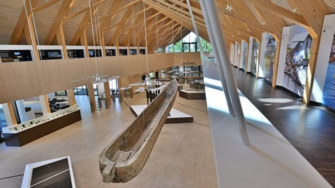 Der Neubau des Pfahlbaumuseums: schräge Giebel und eine offenliegende Dachgebälkkonstruktion