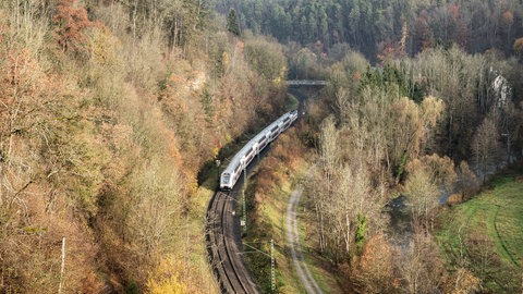 Ein Intercity fährt von Rottweil in Richtung Stuttgart durch eine bewaldete Gegend, im Hintergrund ist eine Brücke über die Schienen zu sehen.