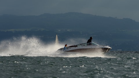 Ein Sportmotorboot fährt über den Bodensee.