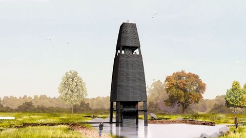 Ansicht des geplanten Aussichtsturms im Wurzacher Ried. Eine Konstruktion aus dunklem Holz.