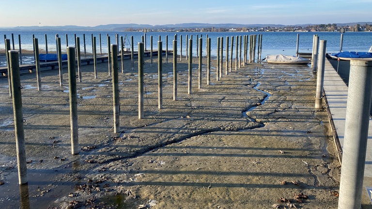 Extremes Niedrigwasser herrscht Anfang April 2025 in den Häfen am Untersee.