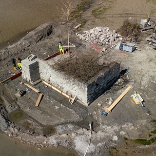 Bauarbeiter sanieren eine alte Mauer um die Insel Hoy. Hoy ist mit 53 Quadratmetern die kleinste Insel im Bodensee und normalerweise vom Wasser umspült. Wegen des aktuell sehr niedrigen Wasserstands können Baumaschinen trocken bis dorthin fahren. 