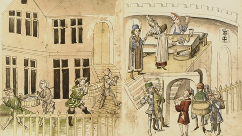 Ein Bild aus der Richentalchronik zeigt, wie das Konklave im Konstanzer Kaufhaus mit streng geprüften Speisen versorgt wird.