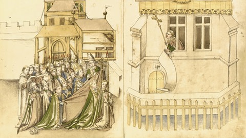 Ein Bild aus der Richentalchronik zeigt, wie ein Kardinal das Ergebnis der Papstwahl verkündet