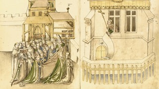 Ein Bild aus der Richentalchronik zeigt, wie ein Kardinal das Ergebnis der Papstwahl verkündet