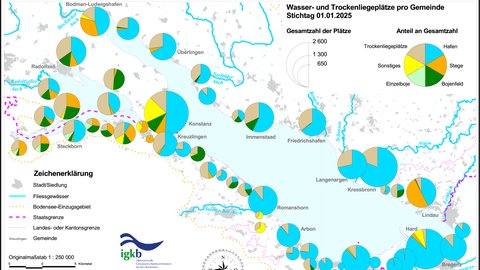 Eine Karte zeigt, in welchen Häfen am Bodensee es Liegeplätze für Motorboote und Segelboote gibt.