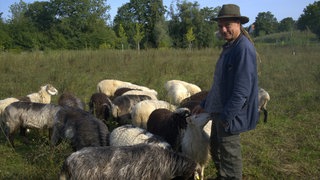Schäfer Matthias Jakob mit einigen seiner 20 Schafe.