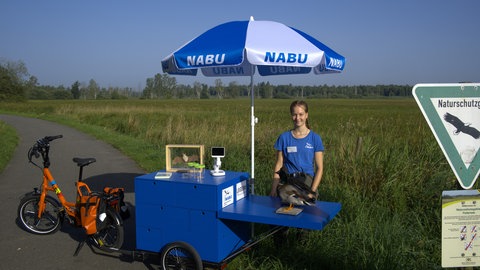 Ronja Illich mit dem Ried-Rad vor dem Naturschutzgebiet Federsee
