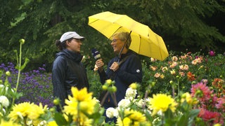 Vor den Dahlien der Blumen-Insel Mainau interviewt SWR-Reporterin Tina Löschner Carolin Weise. 