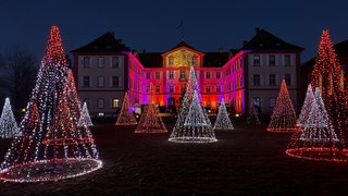 Leuchtende Tannenbäume stehen vor dem Schloss auf der Insel Mainau.