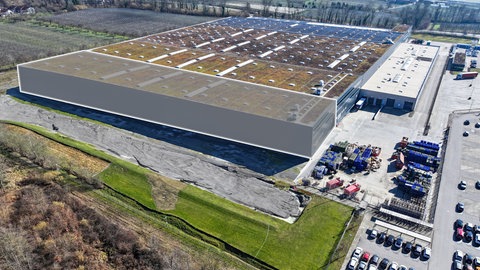 Entwurfsskizze des geplanten Werks von Rolls-Royce Power Systems in Friedrichshafen. Der Motorenhersteller möchte ein neues Werk in der Stadt bauen und viele neue Mitarbeiter einstellen.