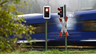 Eine Regionalbahn fährt auf der Strecke der Südbahn zwischen Aulendorf und Ravensburg an einem Bahnübergang vorbei.
