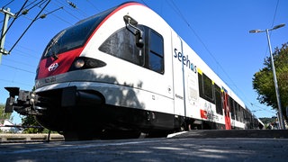 Der Zug Seehas steht kurz vor der Abfahrt in einem Bahnhof.