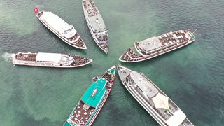 Mehrere Passagierschiffe aus der Schweiz, Österreich und Deutschland bilden auf dem Bodensee vor Konstanz einen Stern. Mit der Flottensternfahrt feiert die Weiße Flotte auf dem Bodensee den Saisonauftakt. Sie findet in diesem Jahr trotz eines Streits zweier Schifffahrtsgesellschaften statt. (Archivbild)