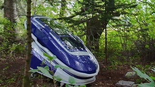 Eine "Sarco"-Suizidkapsel steht unter Bäumen in einem Wald.