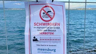 Ein Schild hängt an einem Bauzaun in Meersburg am ufer. Darauf ist zu lesen: Schwimmen verboten.