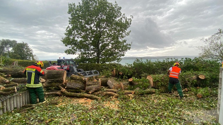 Schwerstarbeit: Hier zerlegen Einsatzkräfte der Überlinger Feuerwehr (Bodenseekreis) einen anderen Baumriesen, der dem Unwetter zum Opfer fiel.