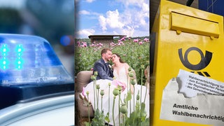 Collage: Blaulichtgeschichten, Wahlpanne und Mohnfeld-Sofa