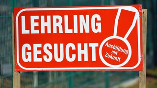Ein Schild mit der Aufschrift "Lehrling gesucht - Ausbildung mit Zukunft"» ist vor einem Zaun eines Handwerksbetriebes aufgestellt. 