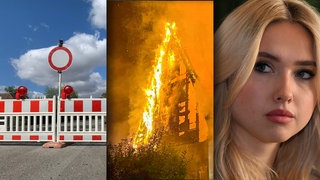 Bilodcollage Wochenrückblick Kalenderwoche 33. Baustellenabsperrung; Brand Kirche Widdern; Geiss