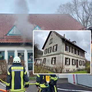 Collage: Aus den Fenstern des Kindergartens Wüstenrot steigt dunkler Rauch. Das Pfarrhaus, in das Kinder nun einziehen.