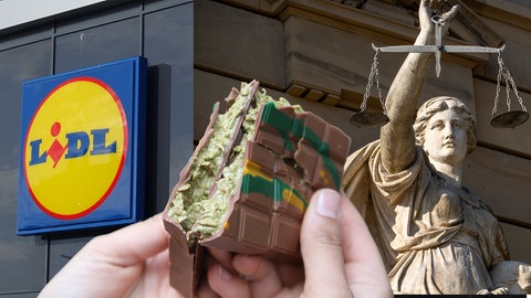 Dubai-Schokolade ist neben einem Logo des Discounters Lidl und Justizia zu sehen. Ein Gericht erlaubt Lidl, die Schokolade zu verkaufen. Aldi dagegen darf es nicht. (Montage: SWR)