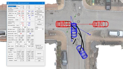 Beispiel einer Unfallanalyse der DEKRA am PC. Damit ermittelt der Gutachter, wie es beispielsweise zu einem tödlichen Unfall kam.