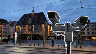 Marktplatz Heilbronn am Abend mit Überwachungskamera (Montage)