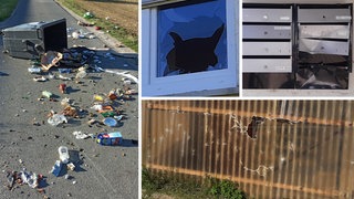 Die Obdachlosenunterkunft in Tauberbischofsheim. Dort haben Vandalen Fensterscheiben eingeschlagen, Briefkästen verwüstet und Müllcontainer umgeschmissen (Fotomontage)