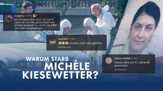 Fotomontage: SWR-Doku "Warum starb Michèle Kiesewetter?" mit Nutzerkommentaren von Social Media zum Mord an der Polizistin 2007 in Heilbronn. 