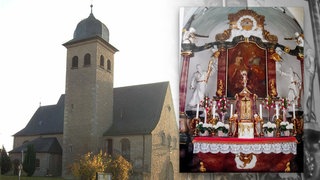 Montage: Kirche Zur Heiligsten Dreifaltigkeit in Bad Mergentheim-Löffelstelzen, daneben: Foto des gestohlenen Holzkreuzes