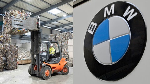 Fotomontage: Gabelstapler von PreZero (links) und das BMW-Logo (rechts). Die Unternehmen planen gemeinsames Auto-Recycling.