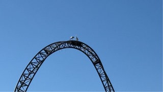 Ein Storchenpaar versucht auf einer Achterbahn im Erlebnispark Tripsdrill ein Nest zu bauen.