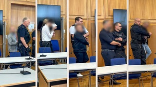 Prozessauftakt Führerschein Heilbronn. Collage. Die Angeklagten werden in den Saal geführt.