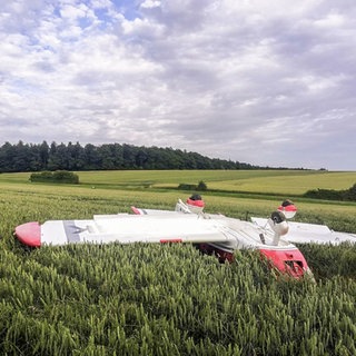 Ein kleines Propellerflugzeug liegt einem Getreidefeld auf dem Rücken. Das Ultraleichflugzeug hatte sich bei der Landung bei Möckmühl (Kreis Heilbronn) überschlagen.