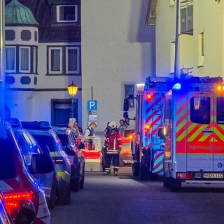 In Bad Friedrichshall stehen nach einem Unfall mit einem 4-jährigen Kind Polizei- und Rettungswagen in einer Straße. 