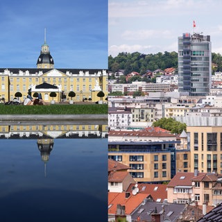 Collage aus Symbolbildern von Karlsruhe, Baden-Baden und Pforzheim
