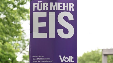 Ein Volt-Wahlplakat, die lila Wahlplakate von Volt waren überall auch im Stadtbild von Karlsruhe zu sehen.