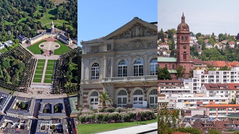 Collage aus Stadtansichten von Karlsruhe, Baden-Baden und Pforzheim