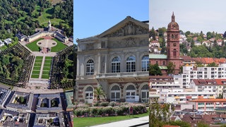Collage aus Stadtansichten von Karlsruhe, Baden-Baden und Pforzheim