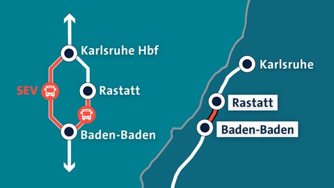 Eine Grafik zeigt die Sperrung der Rheintalbahn zwischen Rastatt und Baden-Baden.