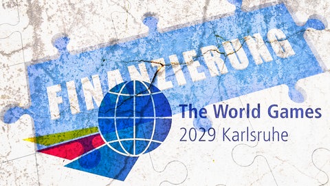 Collage aus World Games Logo mit Riss und dem Wort Finanzierung