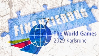 Collage aus World Games Logo mit Riss und dem Wort Finanzierung